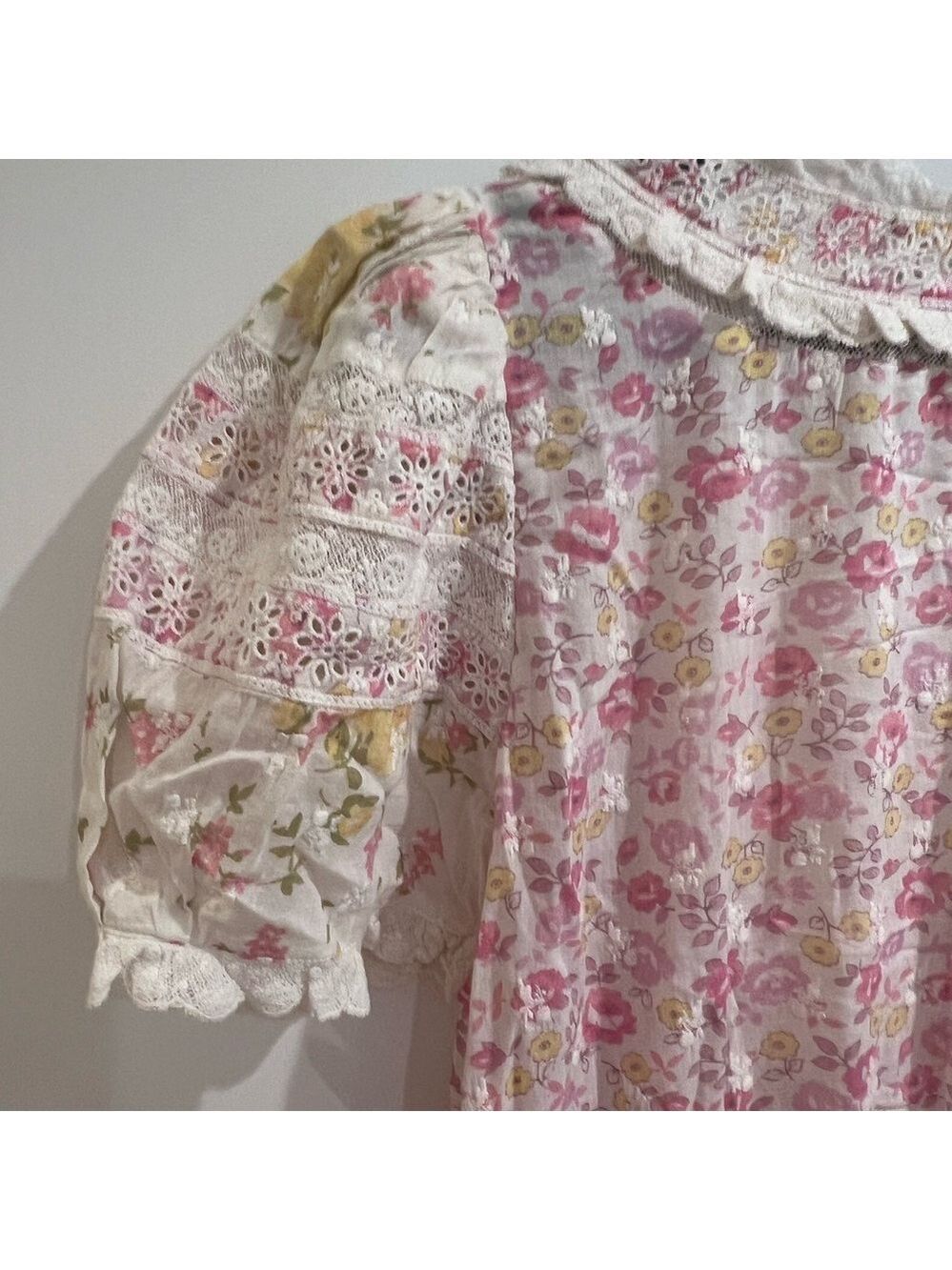 LoveShackFancy Belen Floral Eyelet Mini Dress | Size 8 Pink Yellow Floral - Picture 6 of 9